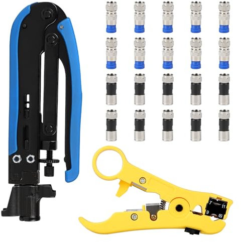 Set de pinzas de compresión, herramienta de desforrado para cables coaxiales, pinza de crimpado y herramienta de desforrado G6 RG59 RG7 RG11, con 20 conectores de compresión F