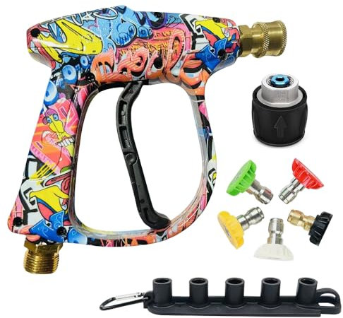 Dhqkqg High Pressure Washer Gun with 5 Water Nozzle Tip & 1 Hose Connector, M22-14mm Adaptor Inlet & 1/4'' Quick Connect Outlet Short Gun for Karcher K1-K7, Car Wash Water Gun for Car Cleaning