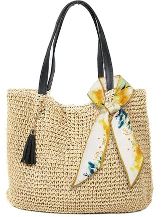 Pro-Noke Straw Beach Bags for Women Handmade Woven Tote Bag Summer Beach Handbag Large Straws Shoulder Bags Boho Bag with Zip for Vocation Holiday and Shopping (Beige)