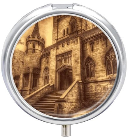 Pillendose im Vintage-Stil, mittelalterliches Schloss, 3 Fächer, kleine Pillendose mit Spiegel für Geldbörse und Tasche, Reise-Medizin-Organizer, tägliche Medikamentenbehälter, tragbare Pillendose