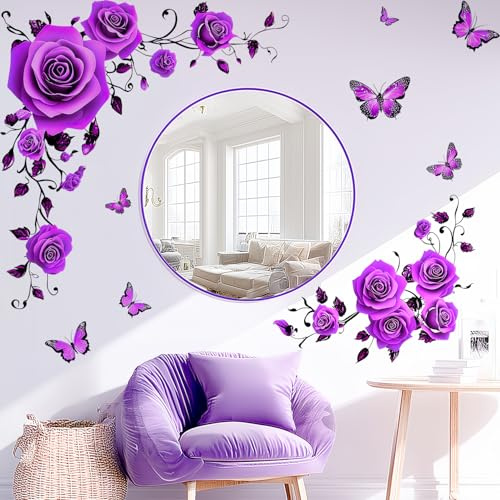 VePret Große Lila Blumen Wandaufkleber Abziehbar & Klebefähig, Florale Rosen Schmetterlinge Wandsticker, Entfernbare Vinyl Wanddekoration Für Schlafzimmer Wohnzimmer Klassenzimmer Büro