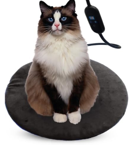 DEOMAN Haustier-Heizkissen für Katzen und kleine Hunde, rund, 40,6 cm, 6 Heizstufen, automatische Abschaltung, Timer, wasserdicht, abnehmbarer, waschbarer Bezug, kaufeste Schnur, Digitalanzeige