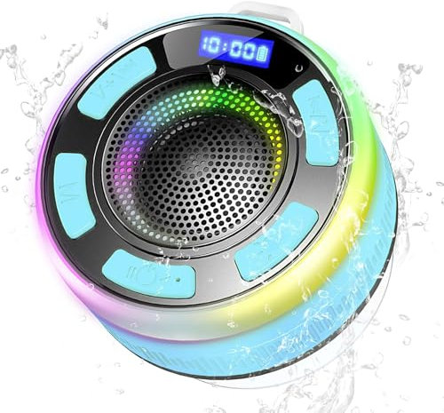 Bluetooth Shower Speaker, Portable Wireless Speaker IP7 Waterproof Speaker 360° Surround Sound, Bulit-in Mic, LED Light, Bathroom Speaker with Suction Cup for Bathroom, Party, Outdoor, Travel (New)