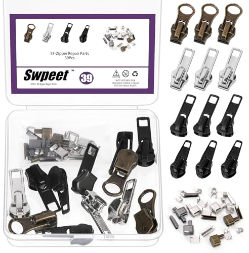Swpeet 39 kit di riparazione con cerniera #5, con 12 tiretti per cerniera, 10 top stop, 5 tappi inferiori, 6 contenitori, 6 spilli, cursore di ricambio con cerniera, kit di riparazione per giacche