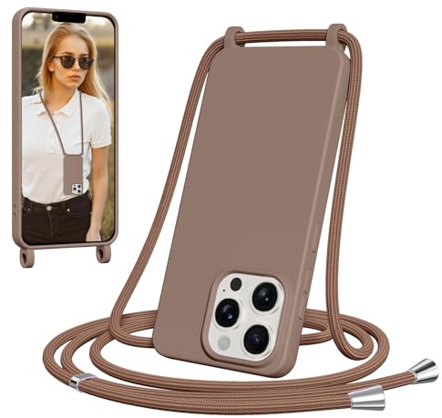 Jrkvniv Funda para iPhone 13 Pro con Cuerda, Suave TPU Silicona Case con Correa Colgante, Ajustable, Desmontable, Forro de Microfibra, Carcasa AntiChoque con Correa, Marrón