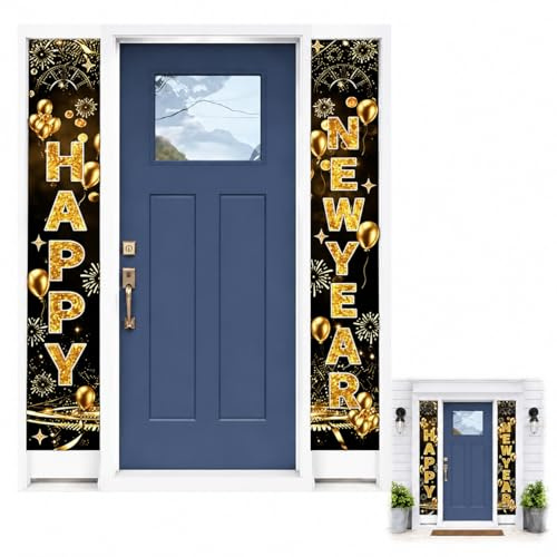 CQXSYTBN 2 Stück Happy New Year Banner 2026 – Silvester Deko Schwarz Gold 30x180cm, Frohes Neues Jahr Türbanner für Eingang & Party, wetterfeste Neujahrsdeko für Karneval & Feiern 2026