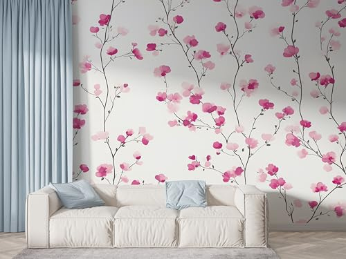 Boceoey Papier Peint Panoramique Fleur Aquarelle 3D - Motif Branche De Fleurs Style Jardin - Décoration Murale pour Salon & Chambre, Intissé Autocollant Papier Mural, 350x256 cm F-704