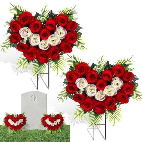 Luinabio 2 Sets Father's Day Cemetery Flowers for Grave Memorial Grave Wreath with Ground Spike Red White Rose Heart Spring Flower Bouquet for Outdoor Mother Father Headstone Graveside Decorations