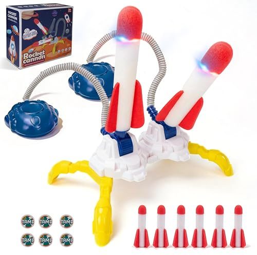 Rocket Launcher Duelling, Double Player Outdoor Rocket Launcher with Air Powered Pump Adjustable Launch Stand 6 Soft Foam Rockets, Outdoor Toys for Family Holiday Backyard Garden Games, up to 115 Feet