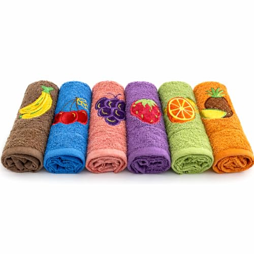 KROWN - Pack 6 Paños de Cocina 100% Algodón 50x50 cm | Rizo 500 g/m² Extra Absorbentes, Suaves y Duraderos con Bordado de Frutas