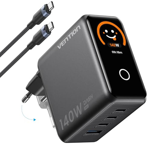 VENTION Cargador USB C 140W, Cargador GAN 5.0 de 4 Puertos con Pantalla TFT, Adaptador USB C de Viaje Rápido, Compatible con iPhone 15/16/17, MacBook Pro/Air, Gris Titanio