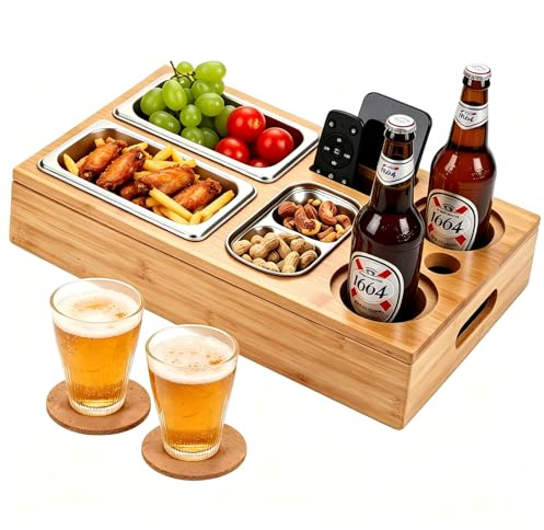 OVIANOR Couchbar Snackbox, Bandeja para Sofá de Bambú, 2 Portavasos | 3 Cuencos Aperitivos de Acero Inoxidable, Regalo Ideal para Hombres, Perfecto para el Salón, el Sofá, el Jardín y Fiestas