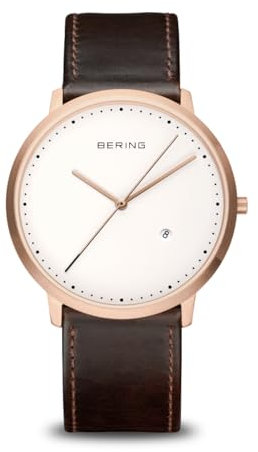 BERING Herren Quarz Uhr | Armbanduhr 39 mm roségoldenes Edelstahlgehäuse und weißes Zifferblatt | Kalbslederarmband | Saphierglas | 3 ATM | 11139-564