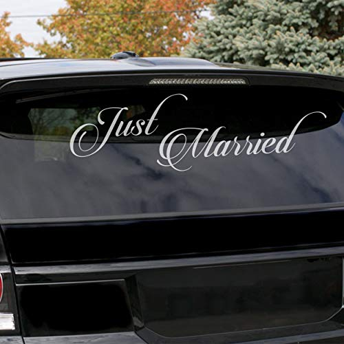 Slaf Ltd. (50x17 cm) Just Married Vinyl Car Decal Design/Wedding Cling Banner Decoration Quote Sticker/Decals Back Car Window Mirror + Free Random Decal Gift