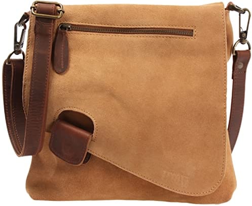 LECONI Umhängetasche für Damen Crossbag Veloursleder Echtleder Natur Damentasche Schultertasche Ledertasche Freizeittasche für Frauen Wildleder Handtasche 29x29x6cm cognac LE3027-VL
