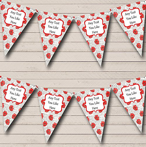 Newspaper and Red Poppy Flowers Shabby Chic Garden Tea Party Bunting Banner