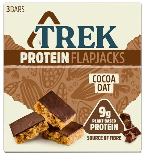 TREK High Protein Flapjack Cocoa Oat - Gluten Free - Plant Based - Vegan Snack - 50g x 3 bars