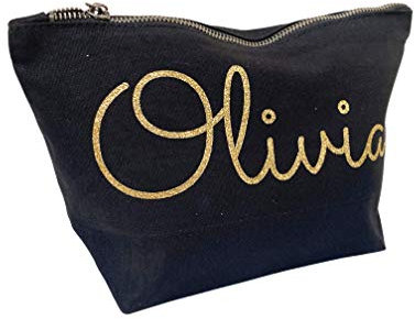 Treat Me Suite Personalised Name Make up Accessory Wash Bag in Black or Natural Colour. Metallic or Glitter Print Presents Birthdays (Black Colour Bag, Gold Glitter)