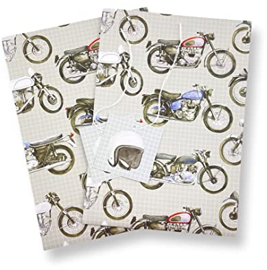 Geschenkpapier für Motorrad, recyceltes und recycelbares Öko-bedrucktes Geschenkpapier – 2 Bögen und 2 Anhänger – Geburtstag – Weihnachten – Vatertag