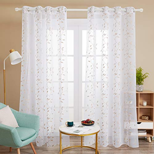 Deconovo 2 Vorhänge für Wohnzimmer, Stickerei, Leineneffekt, Motiv Vorhänge, Leinen, 2 Stück, 140 x 229 cm
