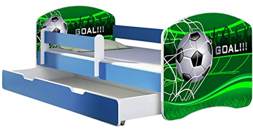 ACMA Kinderbett Jugendbett mit Einer Schublade und Matratze Blau mit Rausfallschutz Lattenrost II 140x70 160x80 180x80 (14 Goal !!!, 180x80 + Bettkasten)