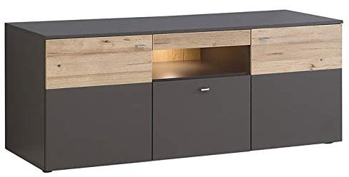 Meuble TV 150 cm, 2 Portes, Bicolore décor Bois Clair et Gris - Design Contemporain - Collection Marbella