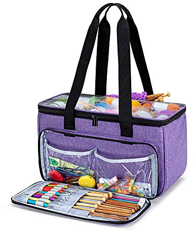 Yarwo Tasche für Garnaufbewahrung, Stricktasche zur Aufbewahrung von Wolle, Handarbeitstasche mit Großer Kapazität für Häkelnadeln, Strickgarn und Stricken Zubehör, Lila