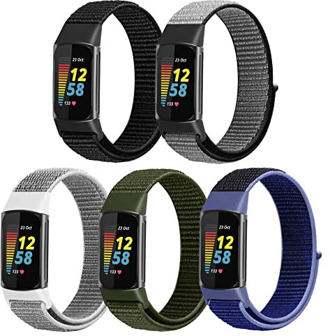 WNIPH Nylon Loop Watch Bands Compatible with Fitbit Charge 6/Charge 5 Bands, 5 Pack Adjustable Soft Breathable Sport Loop Wristband Replacement Straps for Charge 5/Charge 6 Women Men
