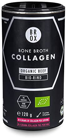 BROX Premium Bio Collagen Pulver Bio-Rind [120g] - 100% Bio aus nur 1 Zutat: dehydrierte Rinder-Knochenbrühe - 9,5g Protein pro Portion (davon 8g Kollagen) - für Haut, Haare, Falten, Cellulite, Sport