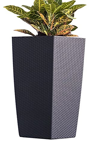 XBrand Pflanztopf aus schwarzem Rattan, selbstbewässernd, für drinnen und draußen, quadratisch, hoch, dekorativer Gartentopf, Heimdekor, Akzent