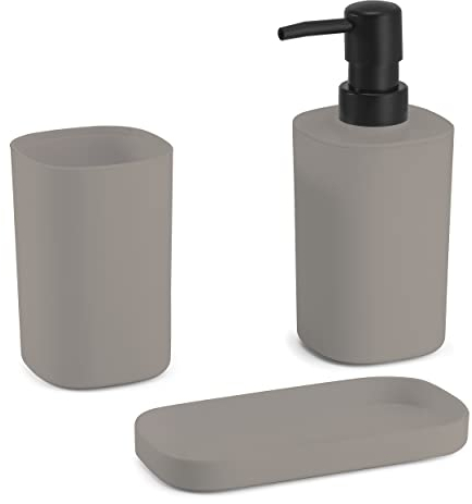 MSV Bad Accessoires 3-teilig - Seifenspender, Seifenschale, Zahnputzbecher Lona Beige Taupe matt