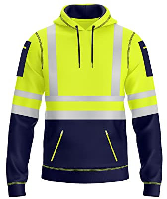 NOROZE Pull à Capuche Haute visibilité pour Homme avec Bande réfléchissante - Manteau de sécurité Haute visibilité avec 4 Poches zippées pour téléphone et Gadgets (XL, Style 1: Vert Fluo/Marine)