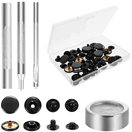 12 Sets Metal Snap Buttons Kit,15mm Heavy Duty Leather Snap Fasteners Kit Press Studs with 4 Install Tools, Leather Rivets and Snaps for Clothing, Leather, Jeans, Jackets, Bracelets, Bags DIY Crafts