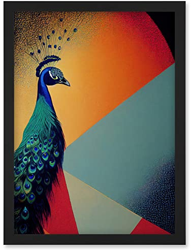 Wee Blue Coo Modern Peacock Portrait in Colourful Abstract Vibrant Orange Artwork Framed Wall Art Print A4