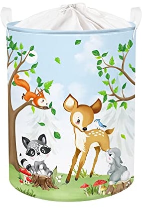 Clastyle 45L Safari Tiere Baum Hirsche Waschbär Kaninchen Grün Wäschekorb Fuchs Bär Igel Spielzeug Kleidung Aufbewahrungskorb für Kinderzimmer, 36x45 cm