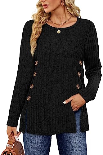 Sampeel Ladies Long Sleeve Tops Women Jumpers for Women UK Symmetrical Button Down Collar Split Ladies Tops Lightweight Jumpers Size 18-20 Black, XL