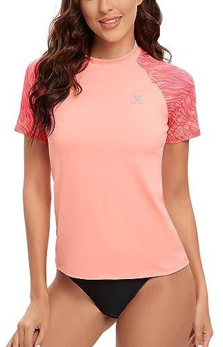 HUGE SPORTS Rashguard Mujer Camiseta de Natación de Manga Corta Protección Solar Secado Rápido Camisa de Protección (Rosa, L)