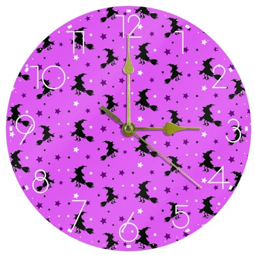 RODAILYCAY Reloj de pared silencioso sin tictac, esfera de acrílico circular, escoba de montar bruja de Halloween, movimiento ultra silencioso de cuarzo para sala de estar, dormitorio, cocina, casa de