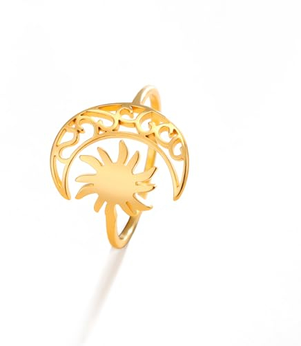 Dreamtimes Mondsichel Sonne Ring für Frauen Mädchen Einstellbare Edelstahl Offene Finger Mond Ringe Trendy Bohème Schmuck Geburtstag Geschenk (Gold)