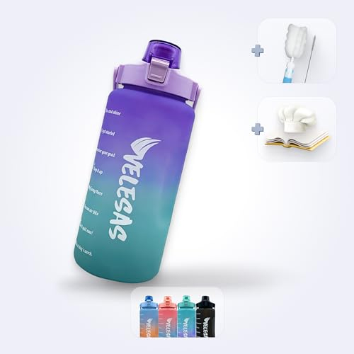 Velesas® 2l Wasserflasche mit motivierender Zeitmarkierung | Trinkflasche aus Tritan mit Strohhalm | Sportflasche für Schule, Job, Fitnessstudio, Büro, Fahhrad, Wandern (Violett/Türkis, 2000ml)