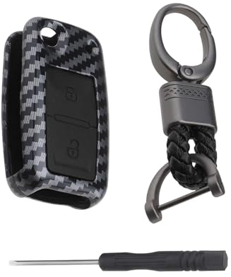 YINETTECH Coque en Fibre de Carbone ABS 2 Boutons en Silicone pour Clé de Voiture Coque de Clé Intelligente avec Porte-clés Compatible avec VW Compatible avec Golf 4 5 6 (Noir)