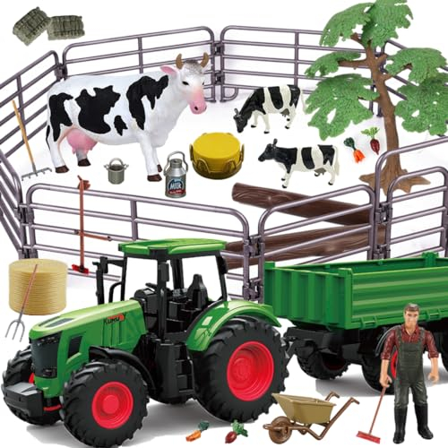 Hyrenee Farm Toys Bauernhof Tier Spielzeug Spielset Traktor mit Anhänger Zaun, Bauer, Baum, Kuh, Bauernhof Spielzeug Set für Jungen Mädchen Kinder Kleinkinder Alter 3-7 Jahre alt
