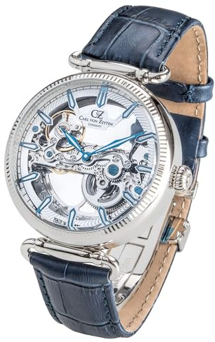 Carl von Zeyten Herrenuhr Original NEU Elzach Herrenuhr Blau Weiß Skelettuhrwerk Saphirglas Automatik 42mm- CVZ0031WHS
