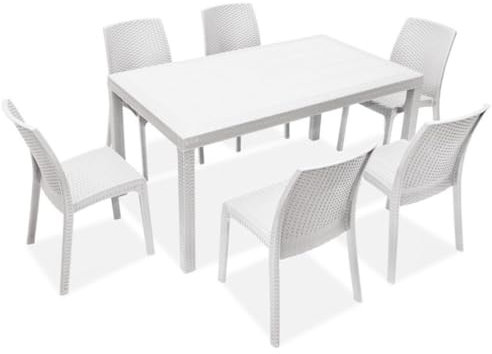 Tomaino - Ensemble de table et 6 chaises de jardin en plastique - Chaise et table pour extérieur de salle à manger 6 places rectangulaire effet rotin 150 x 90 x 74 h cm (blanc)