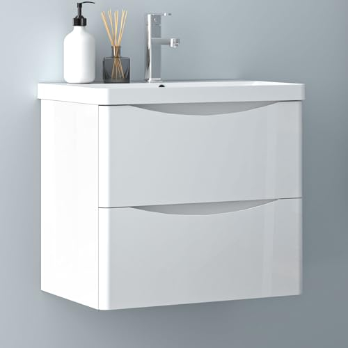 Biubiubath Hochglanz Weiß Badezimmerschrank 60cm Mineralgusswaschbecken mit Unterschrank Badmöbel-Set 2 Soft-Close Schubladen Hängend