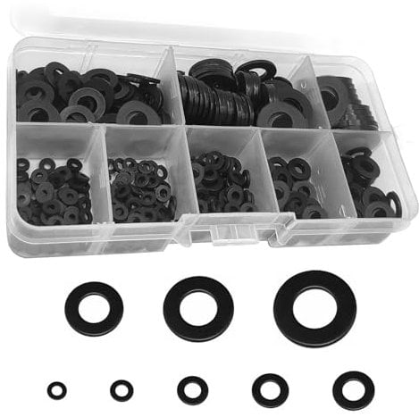 Nylon Washers Assorted, 500 Pcs M2 M2.5 M3 M4 M5 M6 M8 M10 Black Nylon Flat Round Gaskets Washer for Screws Bolts Plumbing