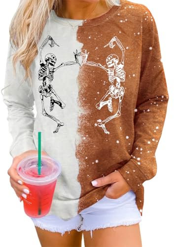 YI XIANG RAN Halloween-Sweatshirt für Damen, Skelett-Sweatshirt, Vintage-Skelett-Shirt, lässig, lockerer Rundhalsausschnitt, Pullover Tops, Bleachorange, XXL