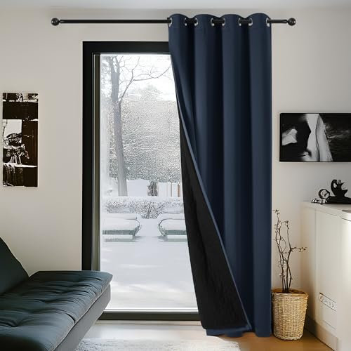Deconovo Noise Reducing Blackout Thermal Curtain Eyelet, Cold Resistant Door Curtain with Thick Microfiber Quilted Lining, 90 Inch Drop Curtain for Bedroom, 52 x 90 Inch, Navy Blue, 1 Panel