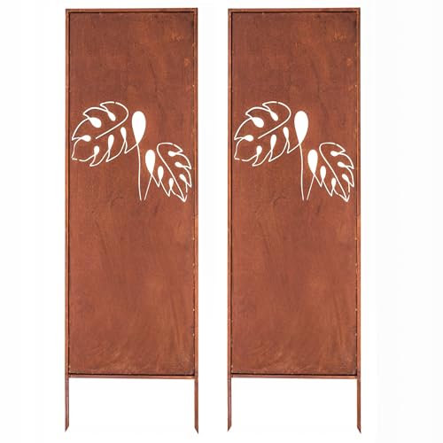 Kapaga - Sichtschutz Metall 2x - 160 cm x 50 cm - Edelrost - Rostoptik Sichtschutz für Garten - Sichtschutzelement - Sichtschutzwand - Gartendekoration Zaun - Rost (Monstera)