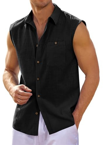 Runcati Chemise en lin sans manches pour homme avec col retourné, pour la plage, l'été, les loisirs, avec poche